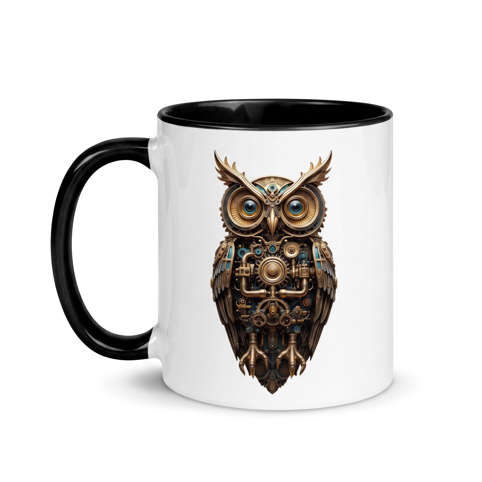 White ceramic mug and black handle featuring a detailed bronze steampunk mechanical owl design with clockwork.