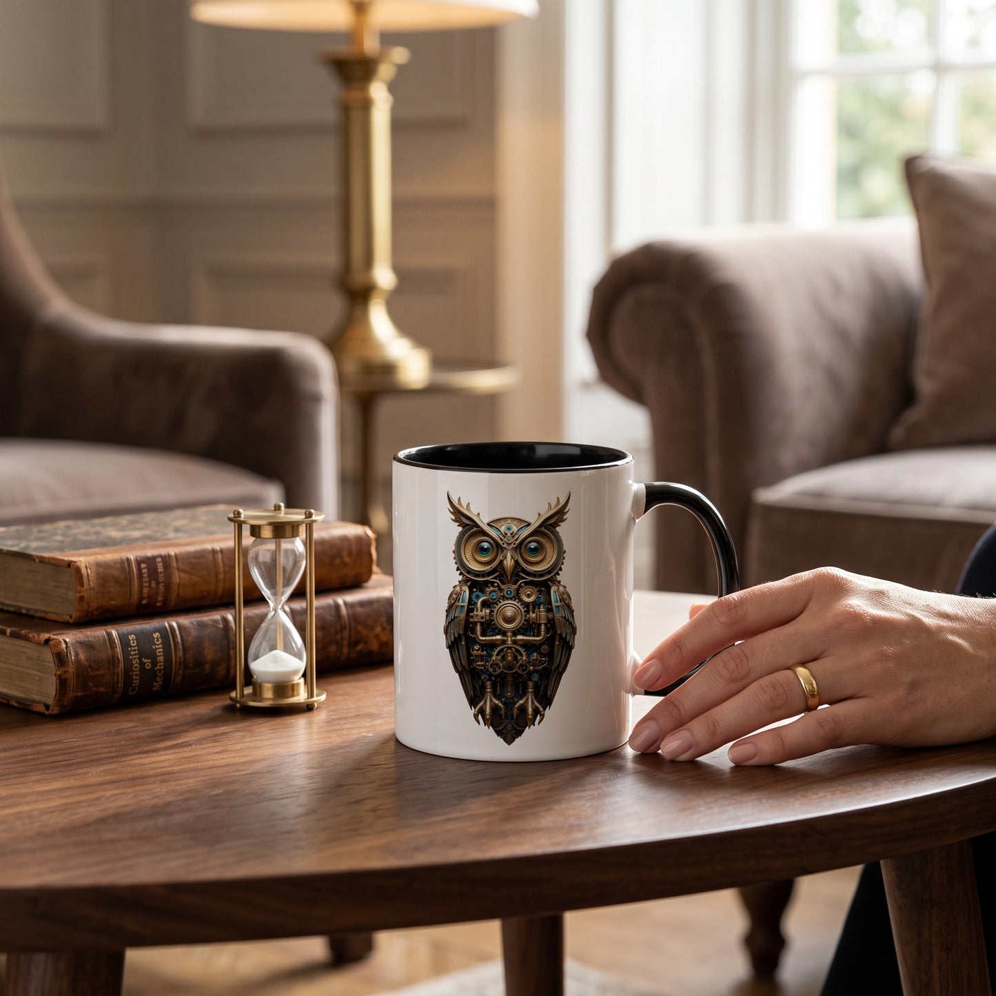 White ceramic mug and black handle featuring a detailed mechanical steampunk owl design on a wooden table