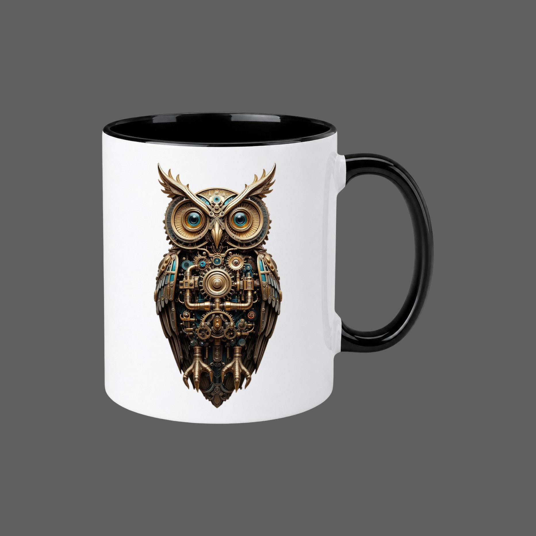 White ceramic mug and black handle  featuring a detailed bronze and gold mechanical steampunk owl design