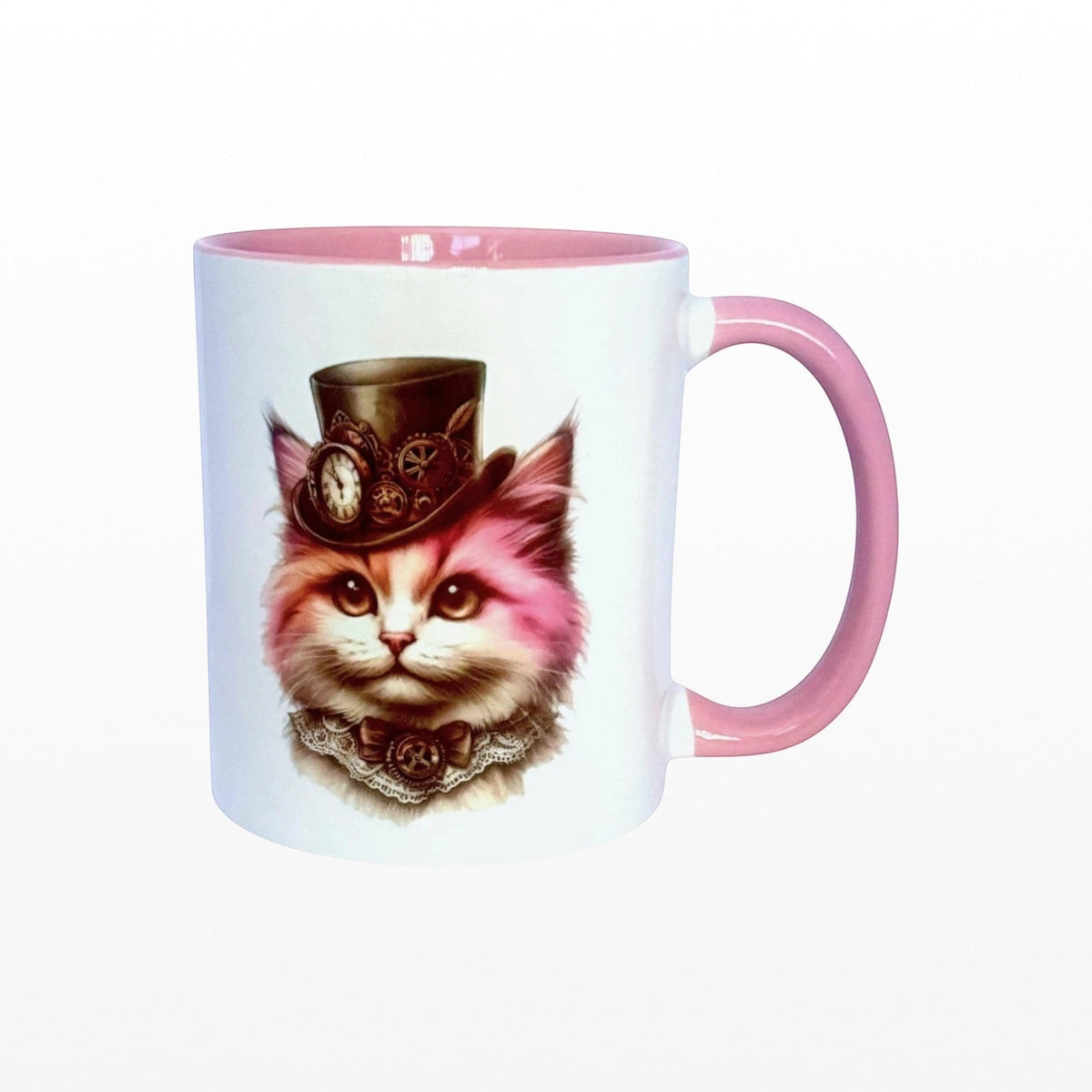 Pink ceramic mug featuring an original steampunk cat illustration wearing a Victorian top hat with bronze clockwork gears and a lace collar. Angled product view.
