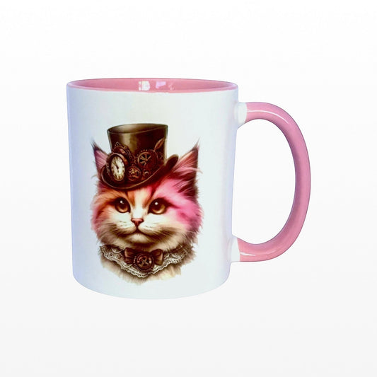 Pink ceramic mug featuring an original steampunk cat illustration wearing a Victorian top hat with bronze clockwork gears and a lace collar.