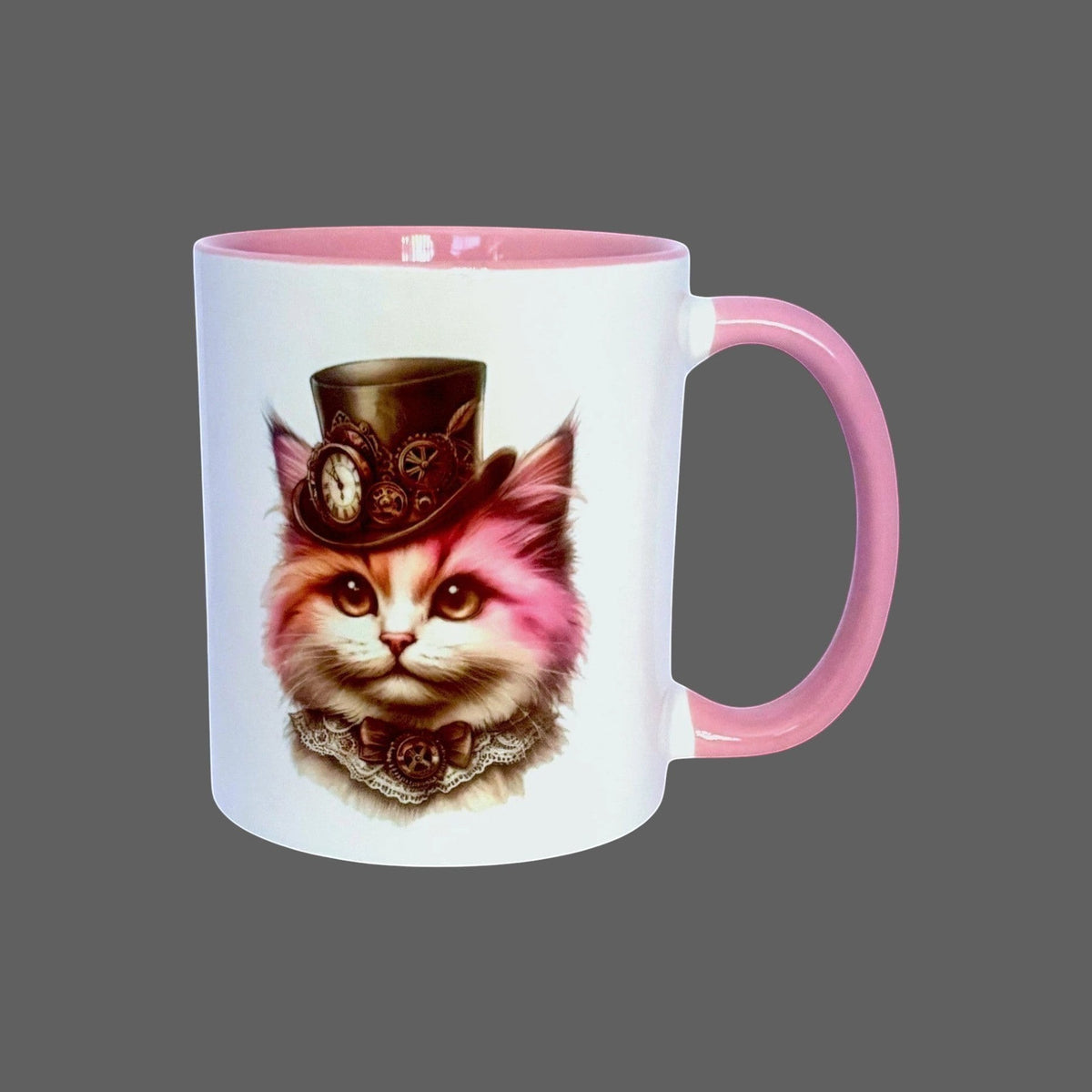 Pink ceramic mug featuring an original steampunk cat illustration wearing a Victorian top hat with bronze clockwork gears and a lace collar. Side product view.