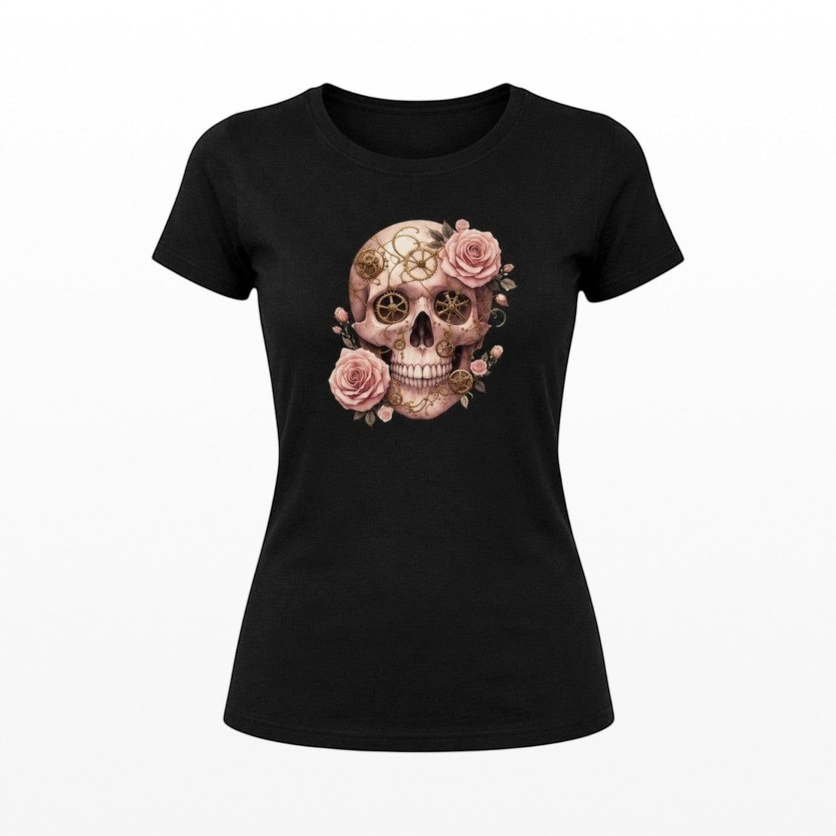 Front view of a black women's t-shirt featuring a pink steampunk skull with roses and vintage clockwork gears.