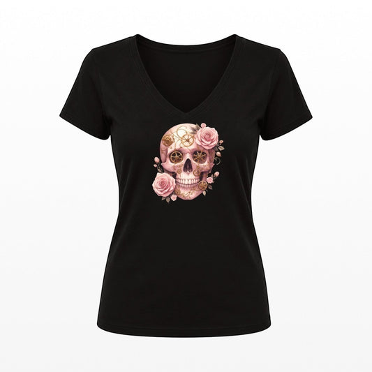 Black fitted women's t-shirt featuring a pink steampunk skull with roses and clockwork gears.