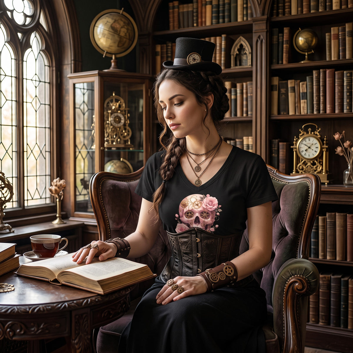 Woman wearing a black t-shirt featuring a pink steampunk skull with roses and vintage clockwork gears while reading a book.
