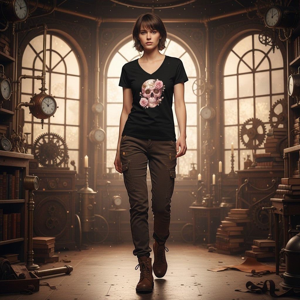 Woman wearing a black t-shirt featuring a pink steampunk skull with roses in a Victorian-inspired steampunk setting.