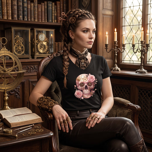 Woman wearing a black t-shirt featuring a pink steampunk skull with roses and vintage clockwork gears in a Victorian-style library.
