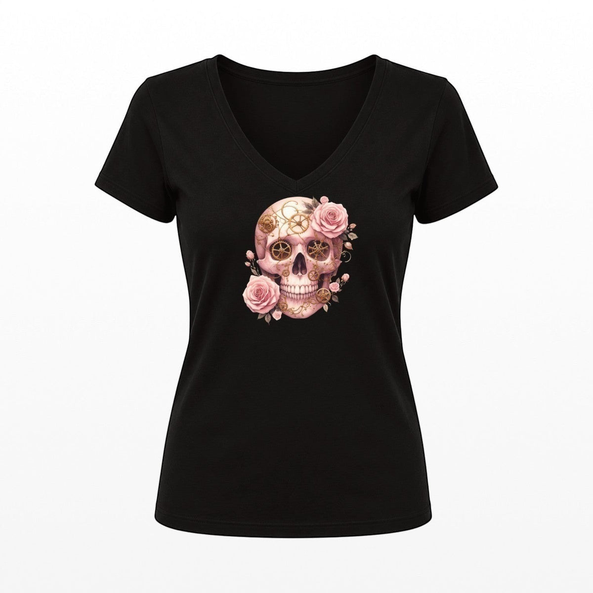 Black V-neck t-shirt featuring a pink steampunk skull with roses and vintage clockwork gears.