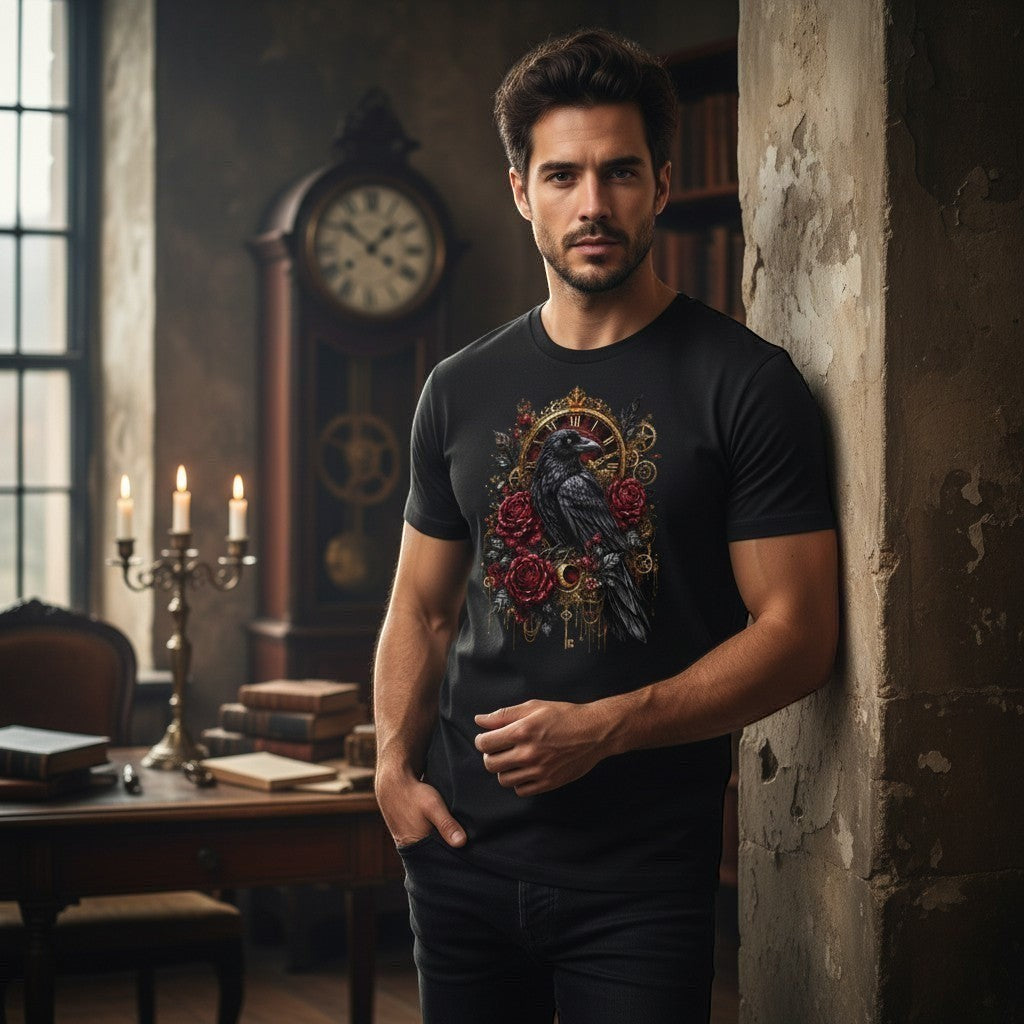 Man wearing a black t-shirt with a decorative design in a vintage room.