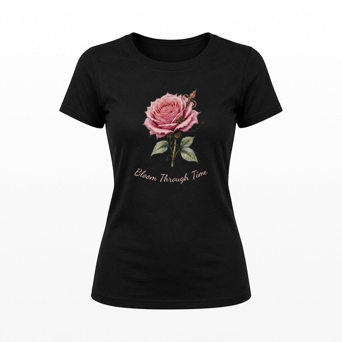 Black women's fitted t-shirt featuring a pink steampunk rose design with the words "Bloom Through Time".