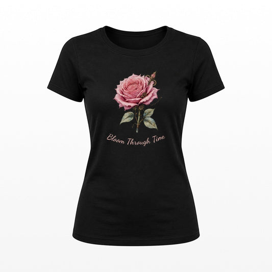 Black women's fitted t-shirt featuring a pink steampunk rose design with the words "Bloom Through Time".