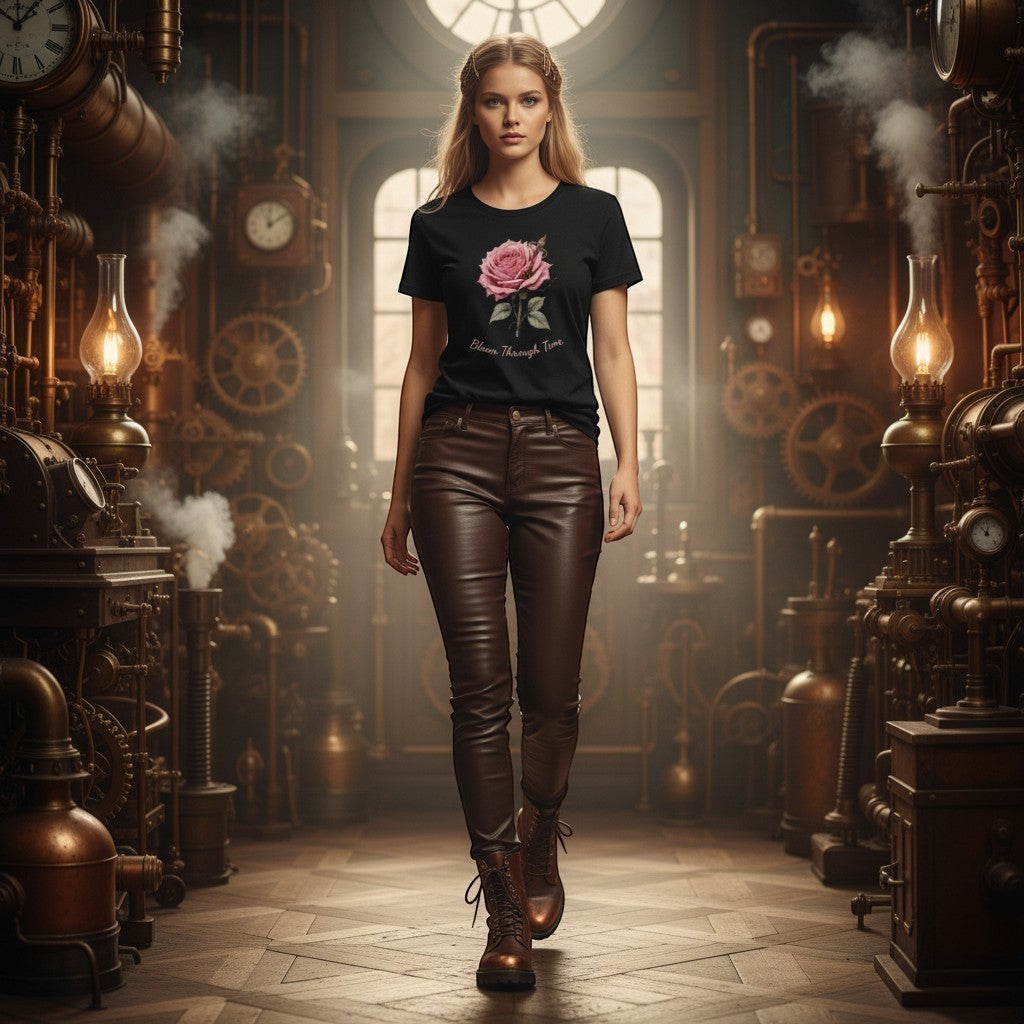 Woman wearing a black women's fitted t-shirt featuring a pink steampunk rose design with "Bloom Through Time" in a steampunk workshop.