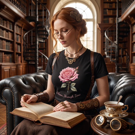 Woman wearing a black women's fitted t-shirt featuring a pink steampunk rose design with "Bloom Through Time" while reading in a vintage library.