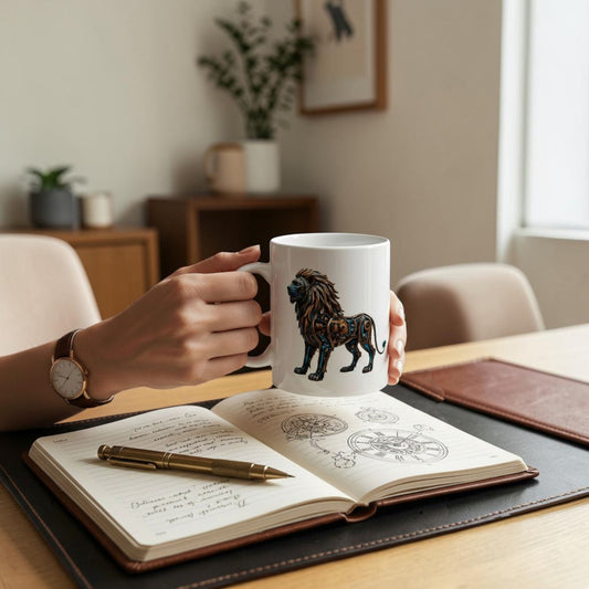 White ceramic mug featuring a mechanical steampunk lion design held in a library setting.