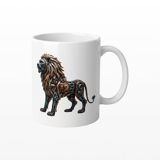 White ceramic mug featuring a detailed steampunk mechanical lion with bronze and blue gears
