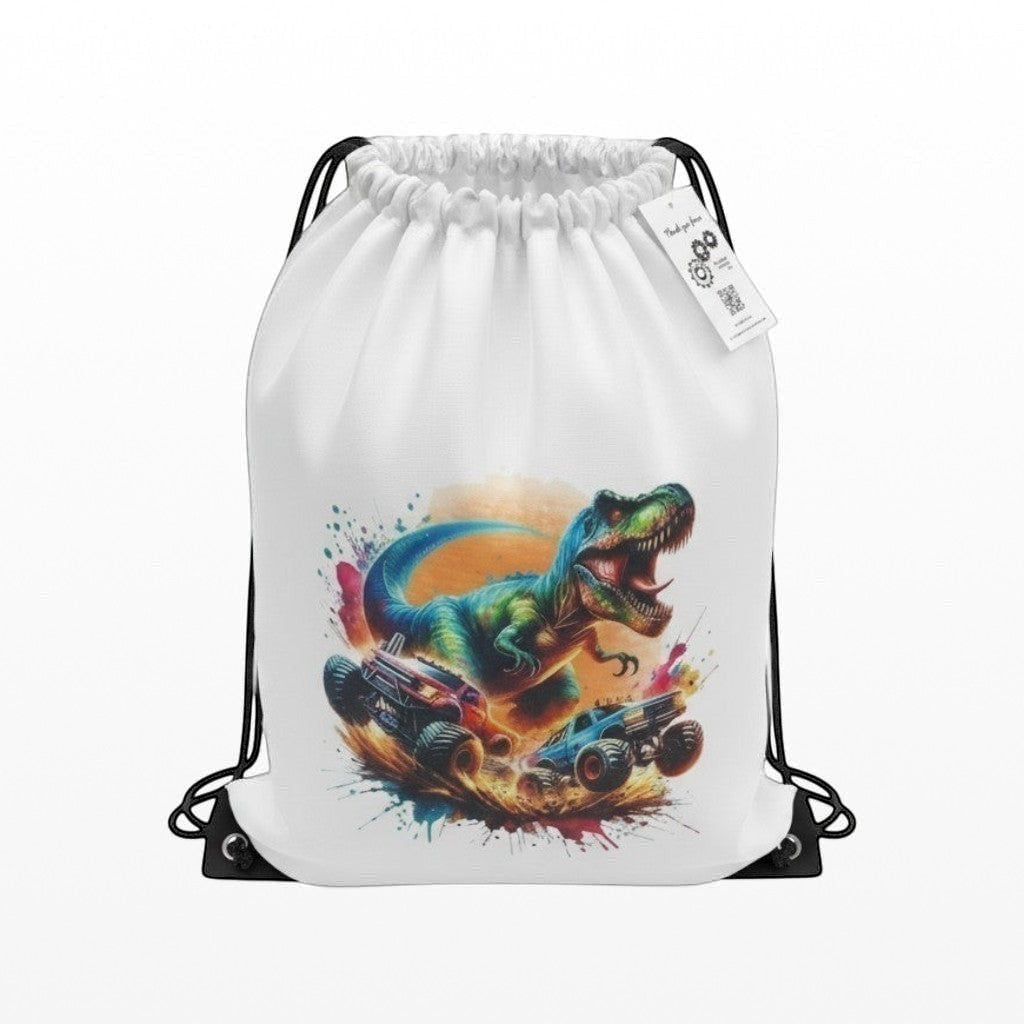 White drawstring bag with a colorful dinosaur design on a white background