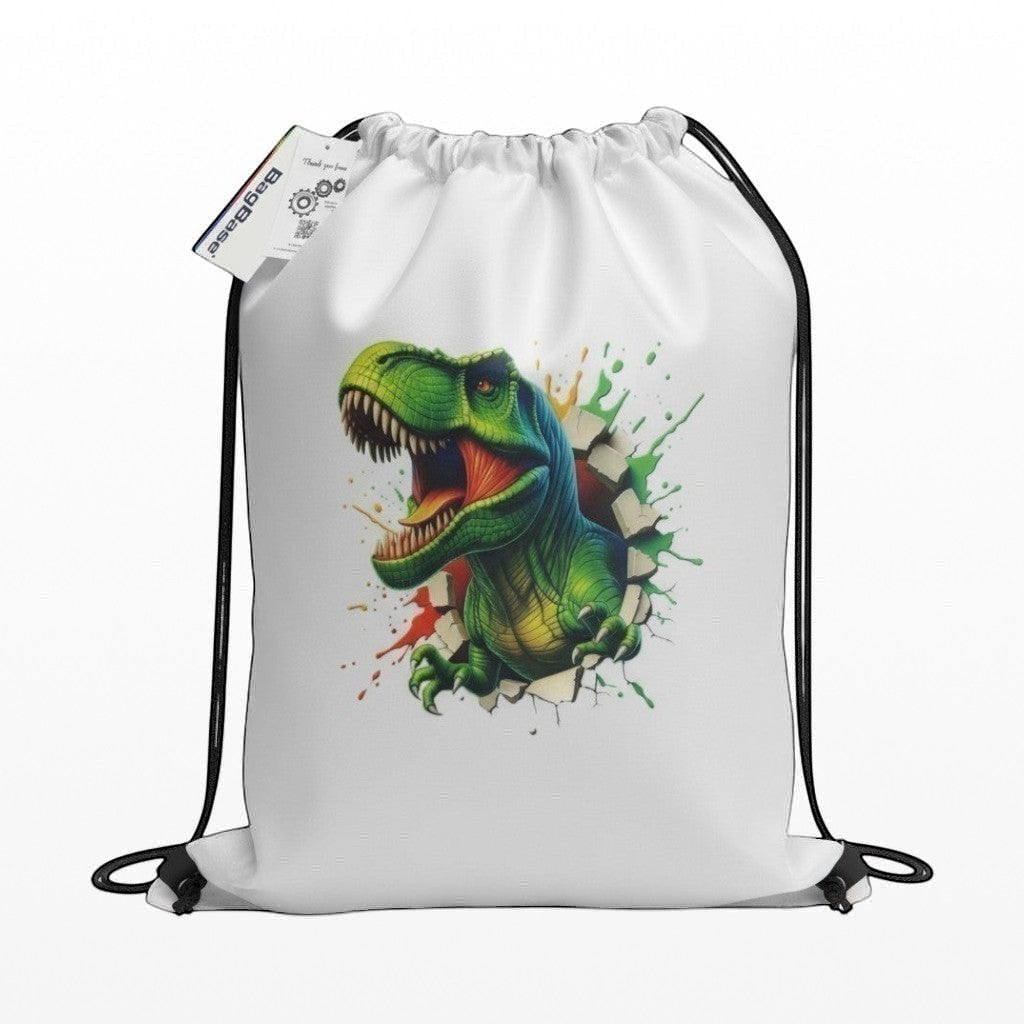 White drawstring bag with a colorful dinosaur design on a white background