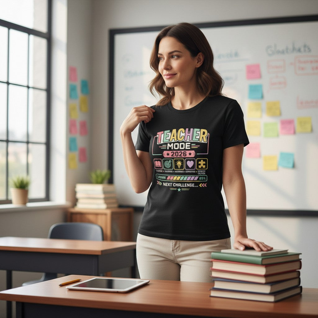 Woman wearing a 'Teacher Mode 2026' t-shirt in a classroom setting.