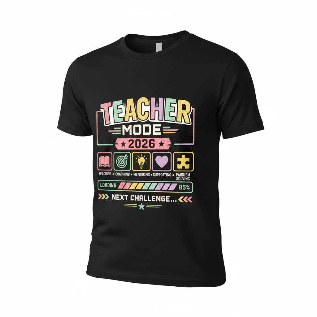 Black t-shirt with colorful 'Teacher Mode' design on a white background