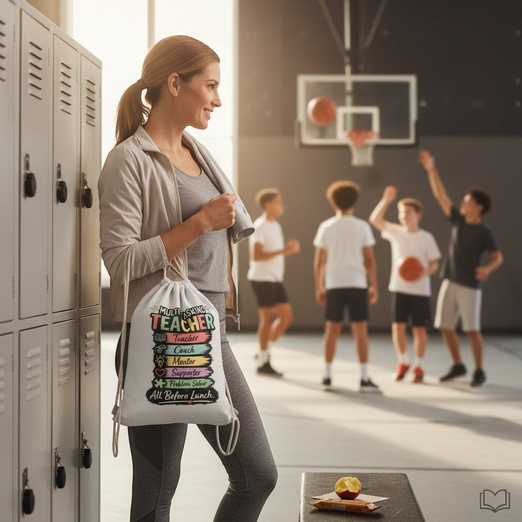 Woman holding a drawstring bag with text in a gymnasium with children playing basketball.