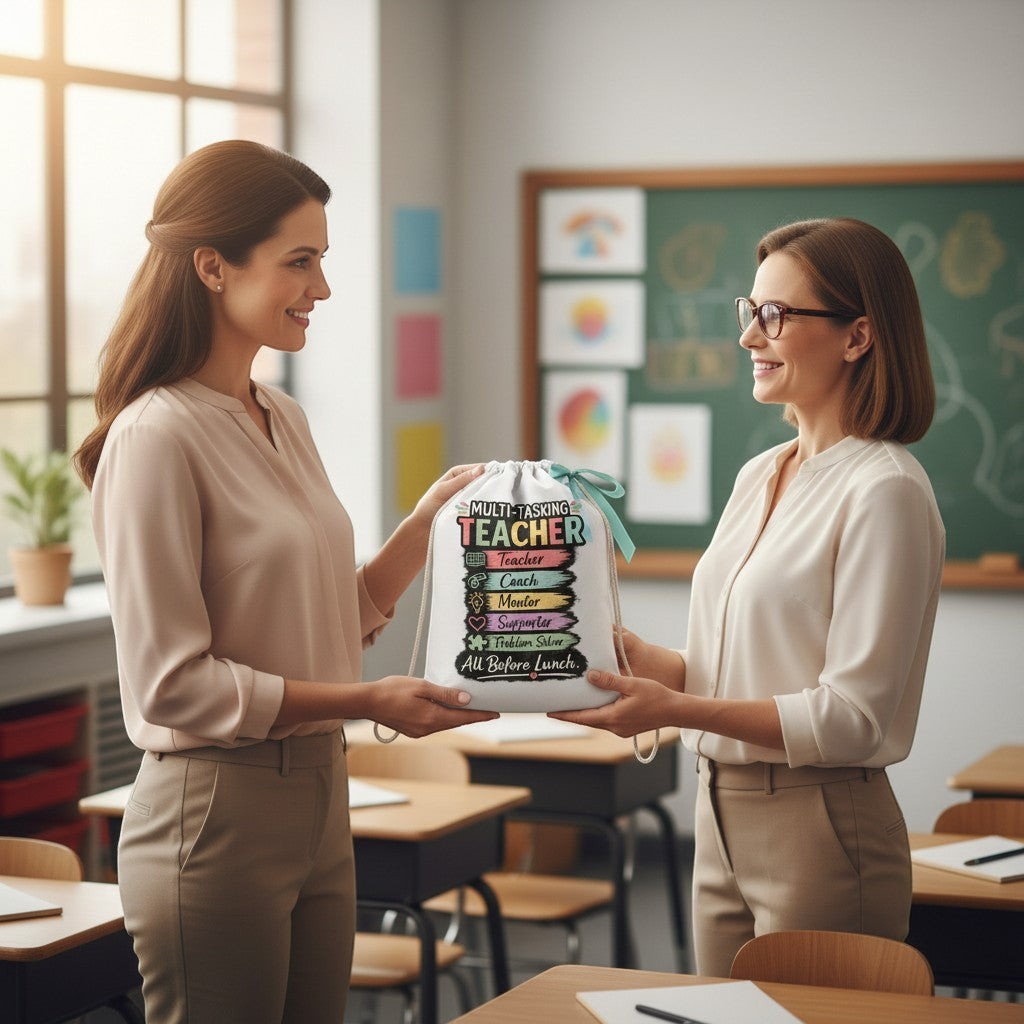Two women in a classroom setting with one presenting a gift bag labelled 'Multitasking Teacher' to the other.