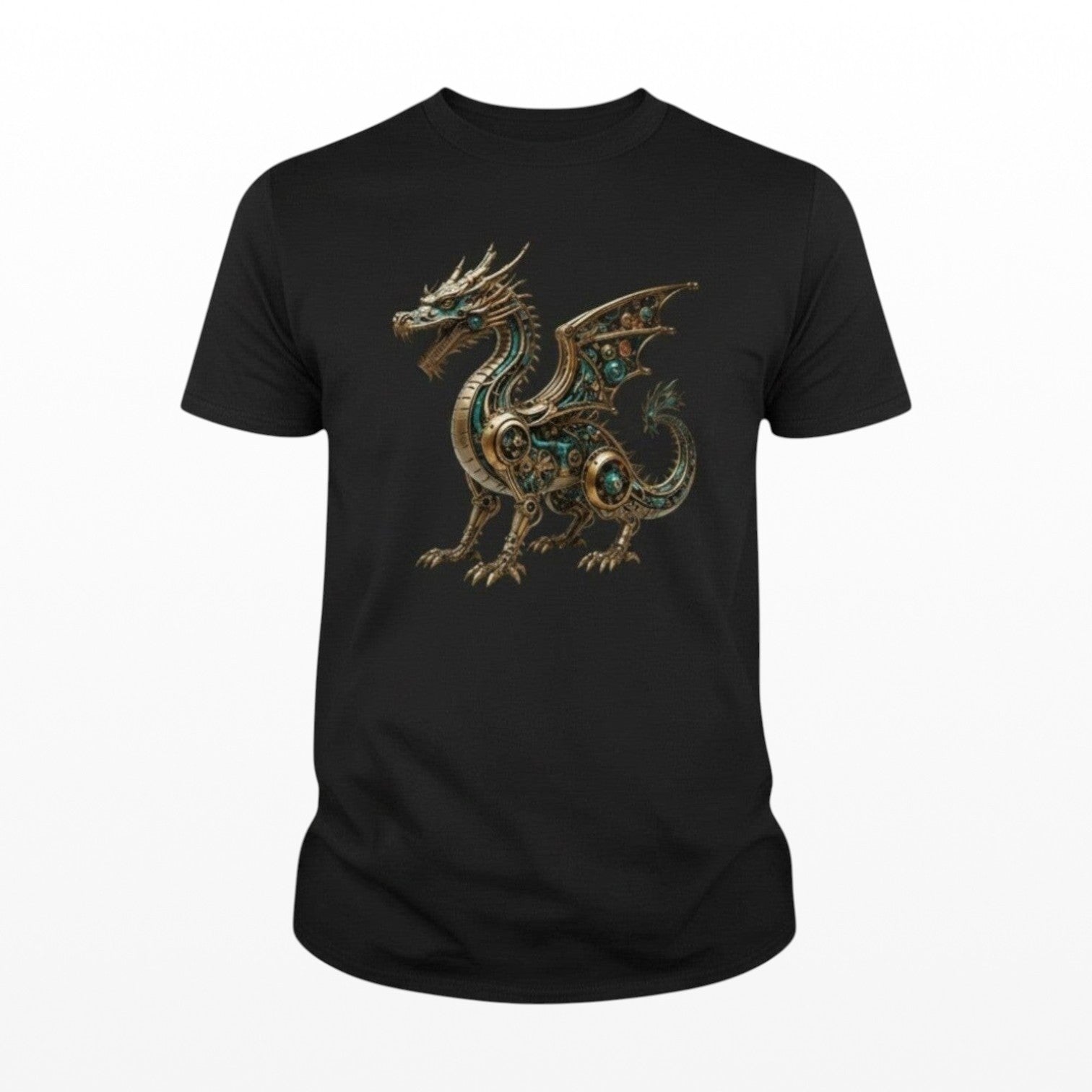 Black t-shirt with a dragon design on a white background