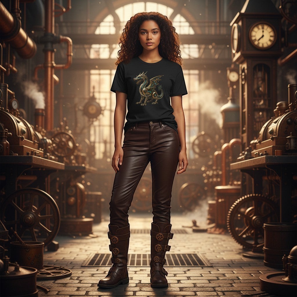 Woman wearing a black t-shirt with a dragon design in a steampunk-style industrial setting.