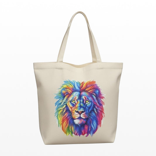 Tote bag with a colorful lion design on a white background