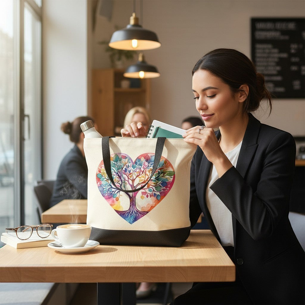 Woman in a cafe looking into a tote bag with a colourful heart design.