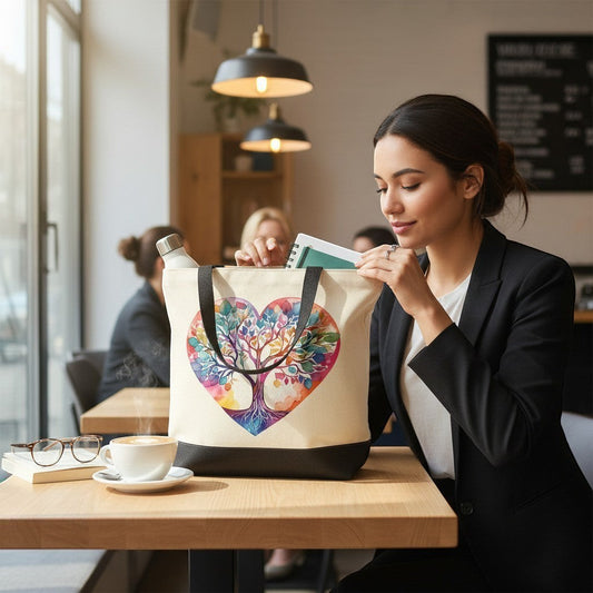 Woman in a cafe looking into a tote bag with a colourful heart design.
