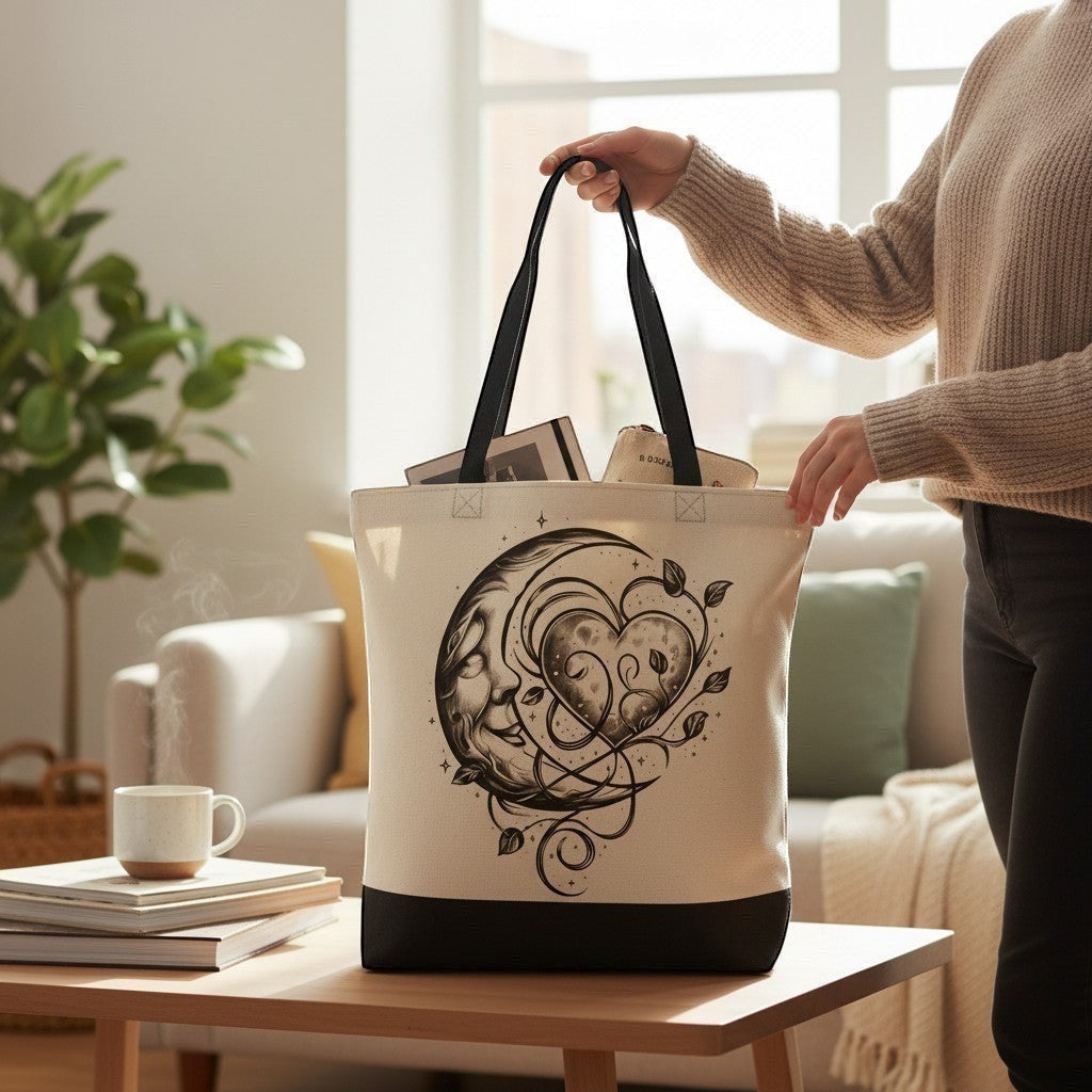 Person holding a tote bag with a decorative design in a living room setting