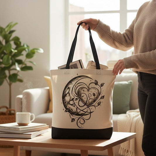 Person holding a tote bag with a decorative design in a living room setting