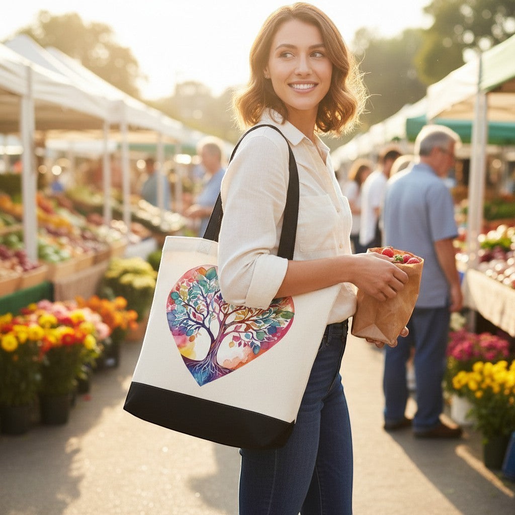Woman holding a colourful tote bag with a tree design at an outdoor market.