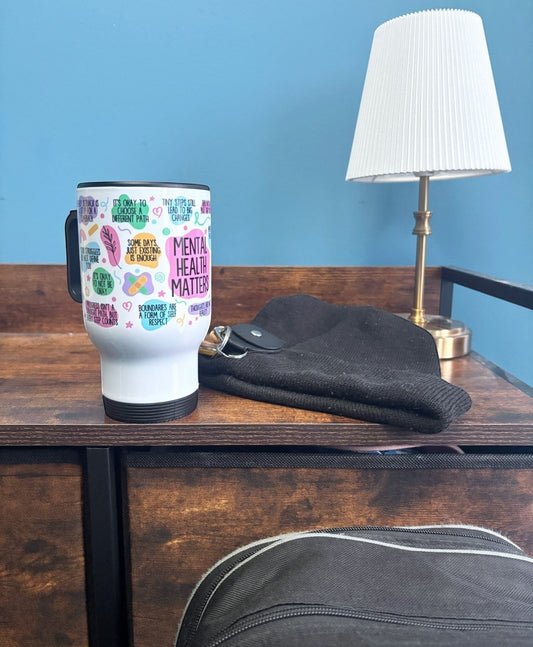 hand pressed travel mug in hallway