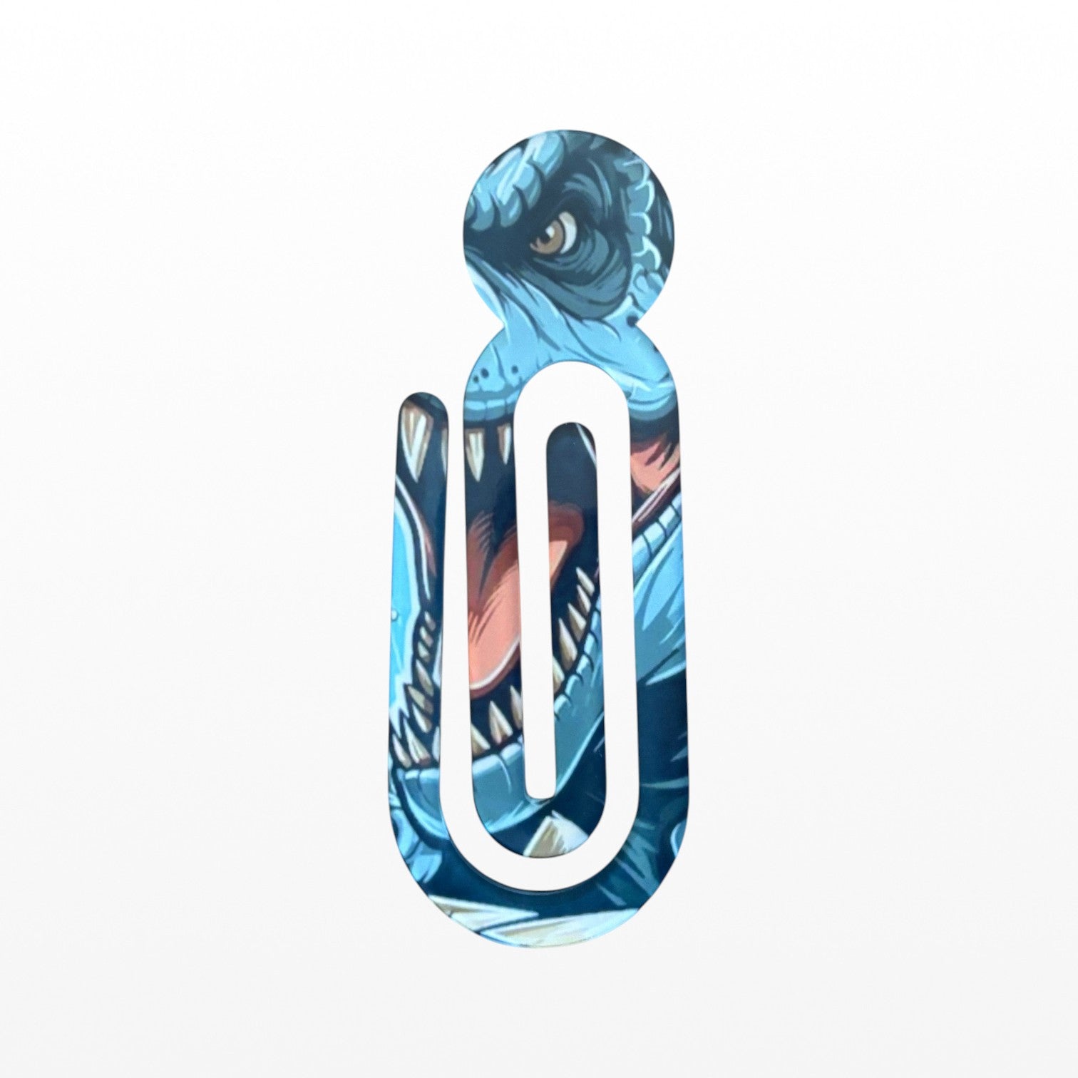 Decorative book clip with a blue and multicolor design on a white  background
