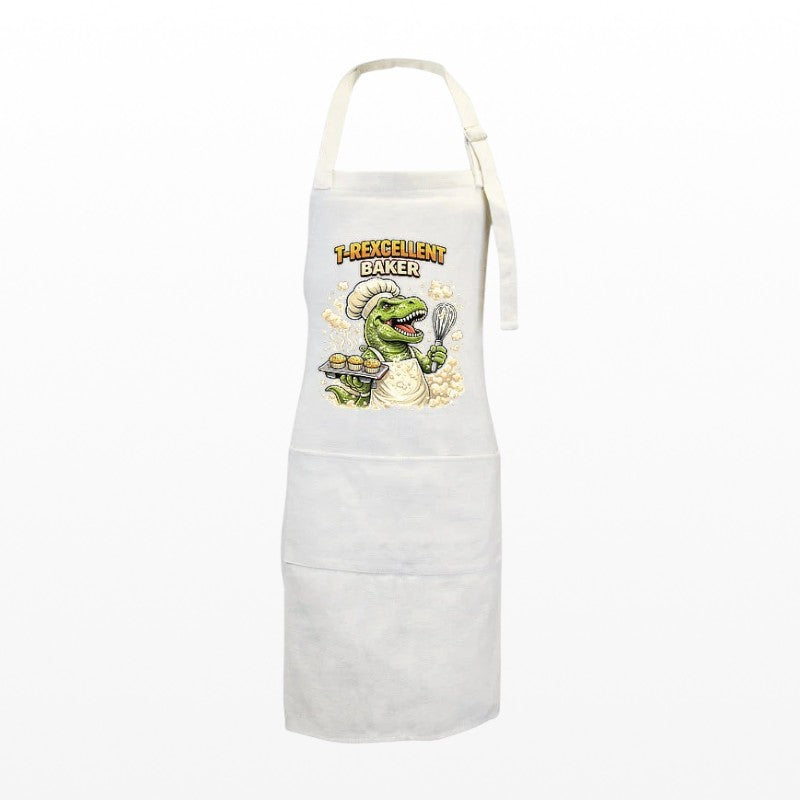 White cooking apron featuring a T-Rex dinosaur chef with cupcakes and a whisk.
