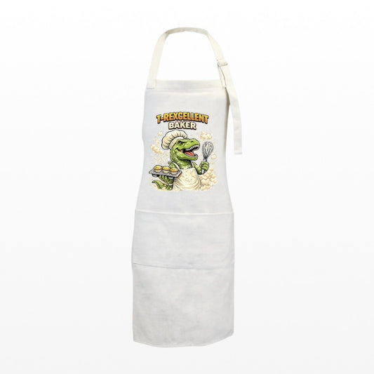 White cooking apron featuring a T-Rex dinosaur chef with cupcakes and a whisk.