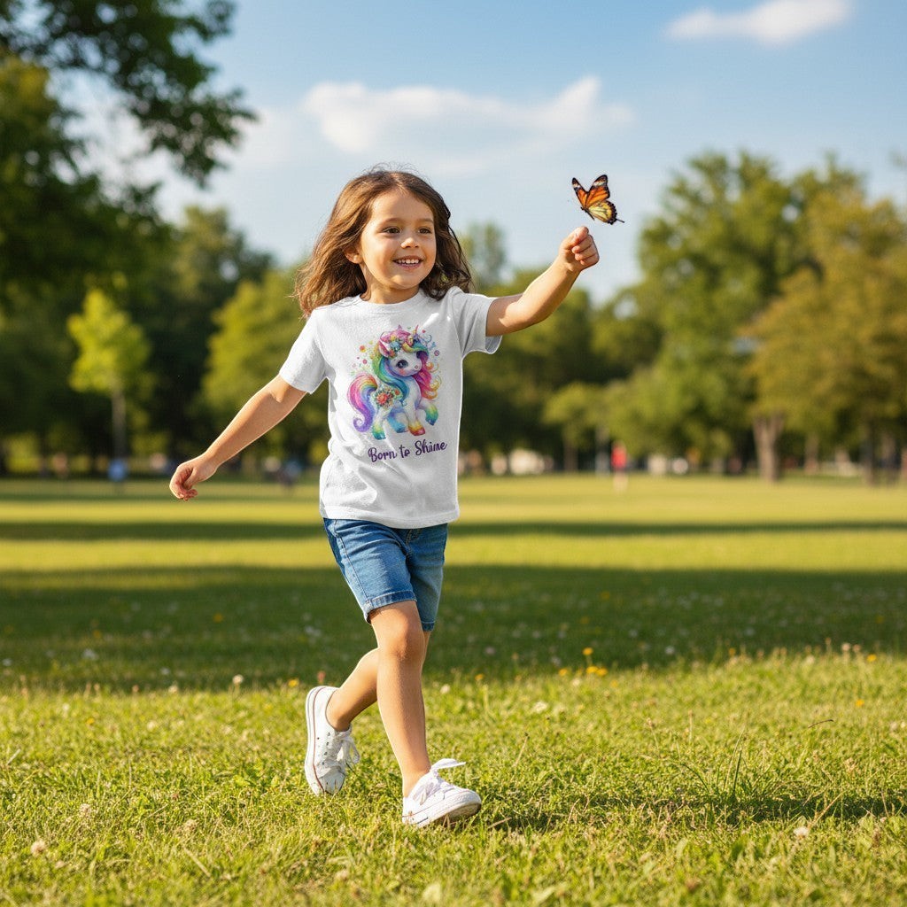 Child in a park holding a butterfly toy with a colorful shirt and denim shorts.