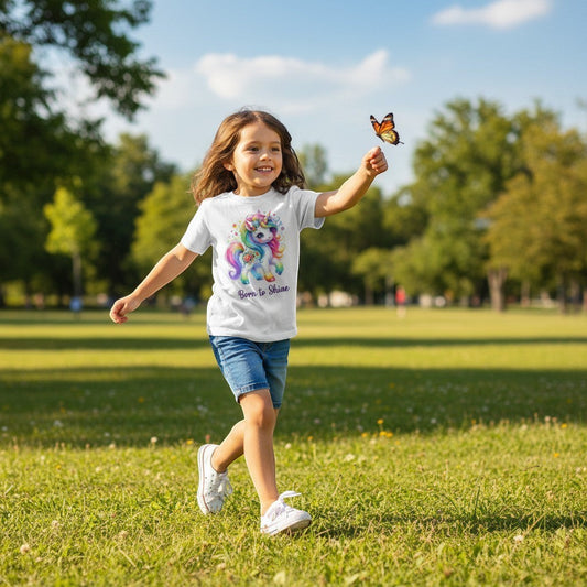 Child in a park holding a butterfly toy with a colorful shirt and denim shorts.