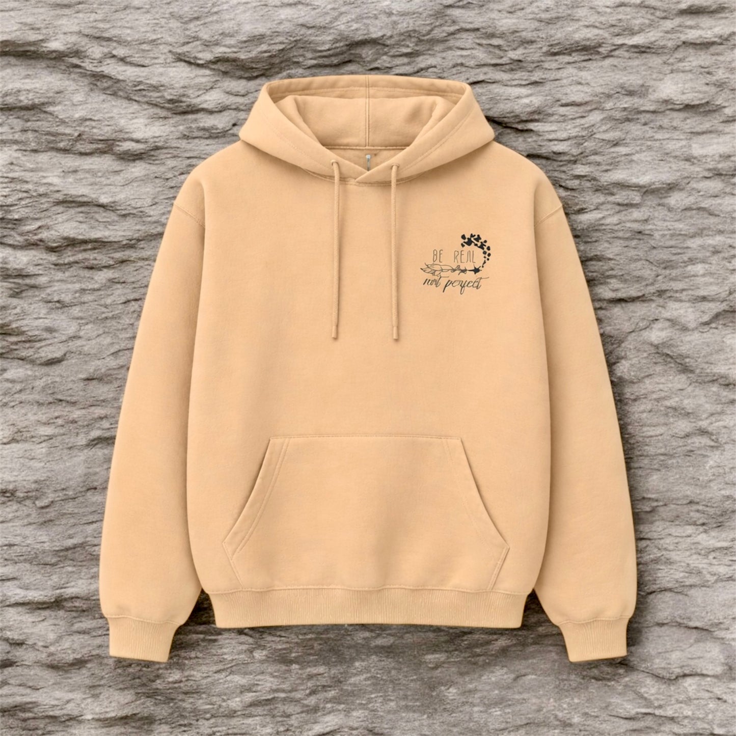 Hand pressed in the UK sand hoodie with text