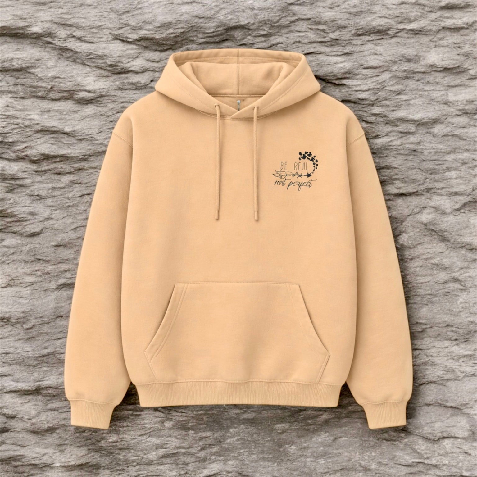 Hand pressed in the UK sand hoodie with text