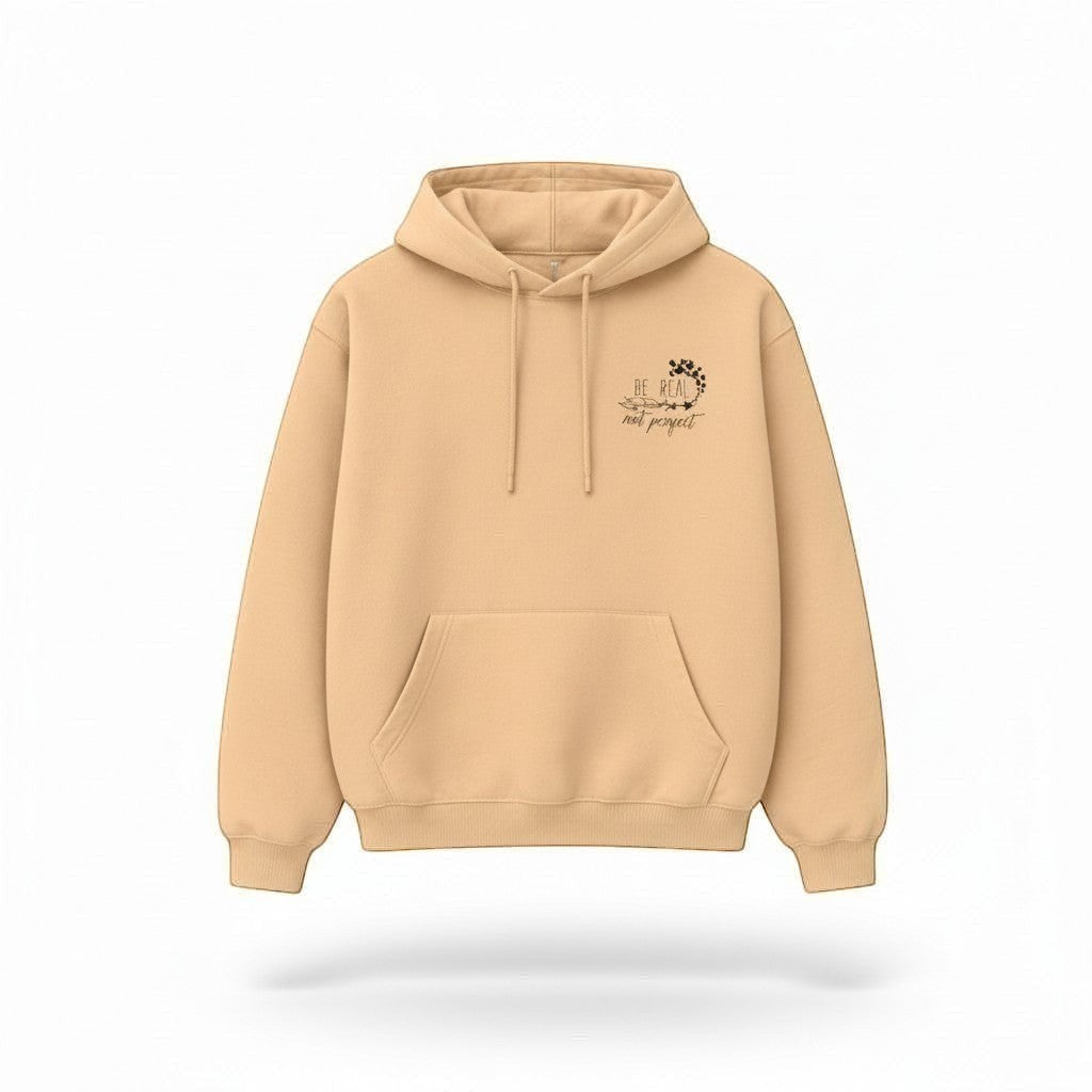 Beige hoodie with a small logo on a white background