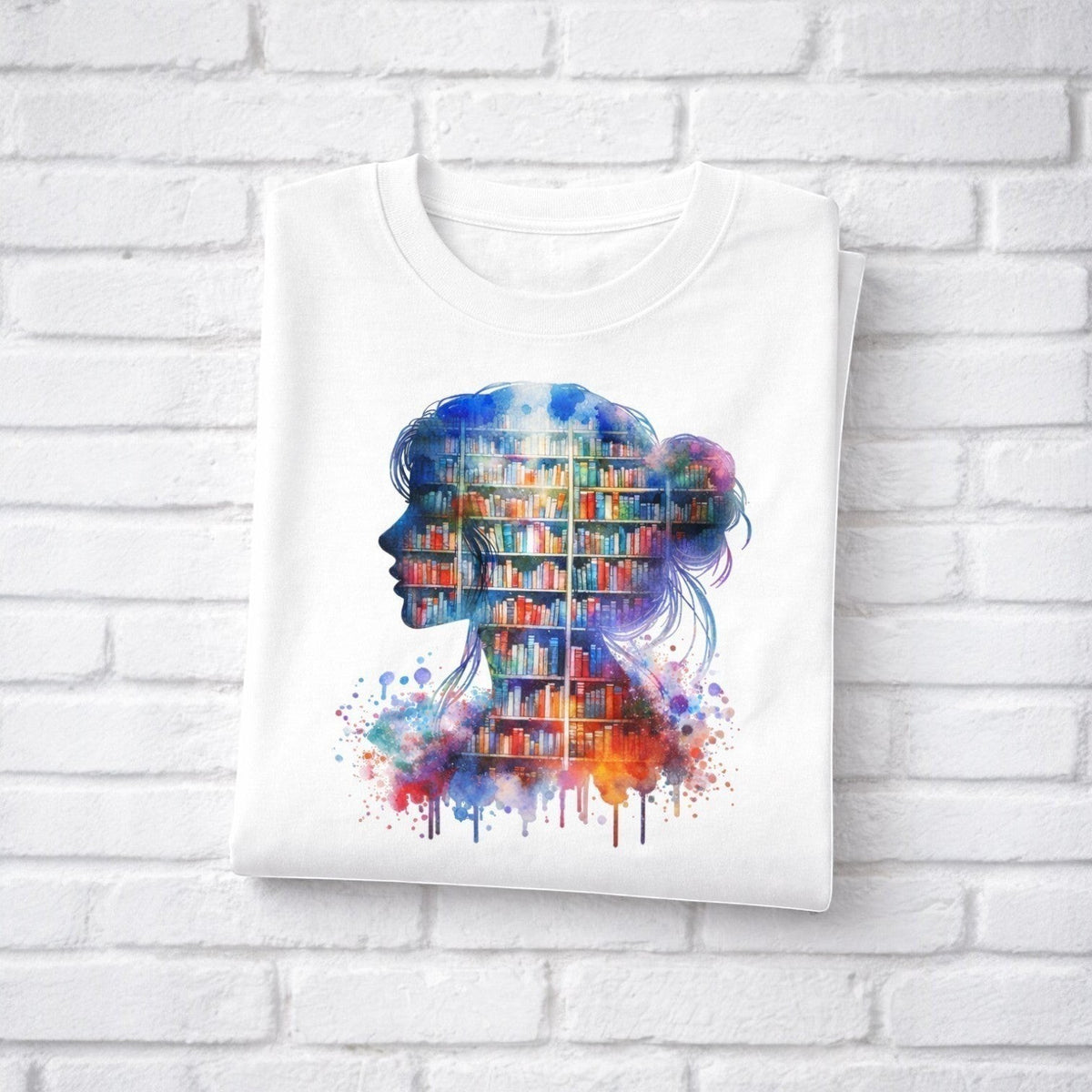 hand printed in the UK folded white tee with striking book woman, book lover gift. 
