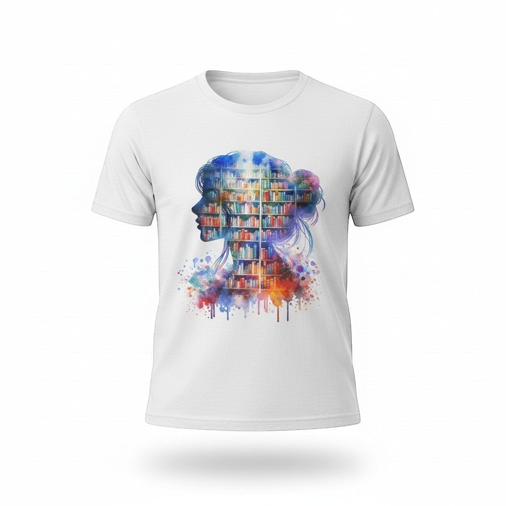 White t-shirt with a colorful graphic design on a white background, great book lover gift. 