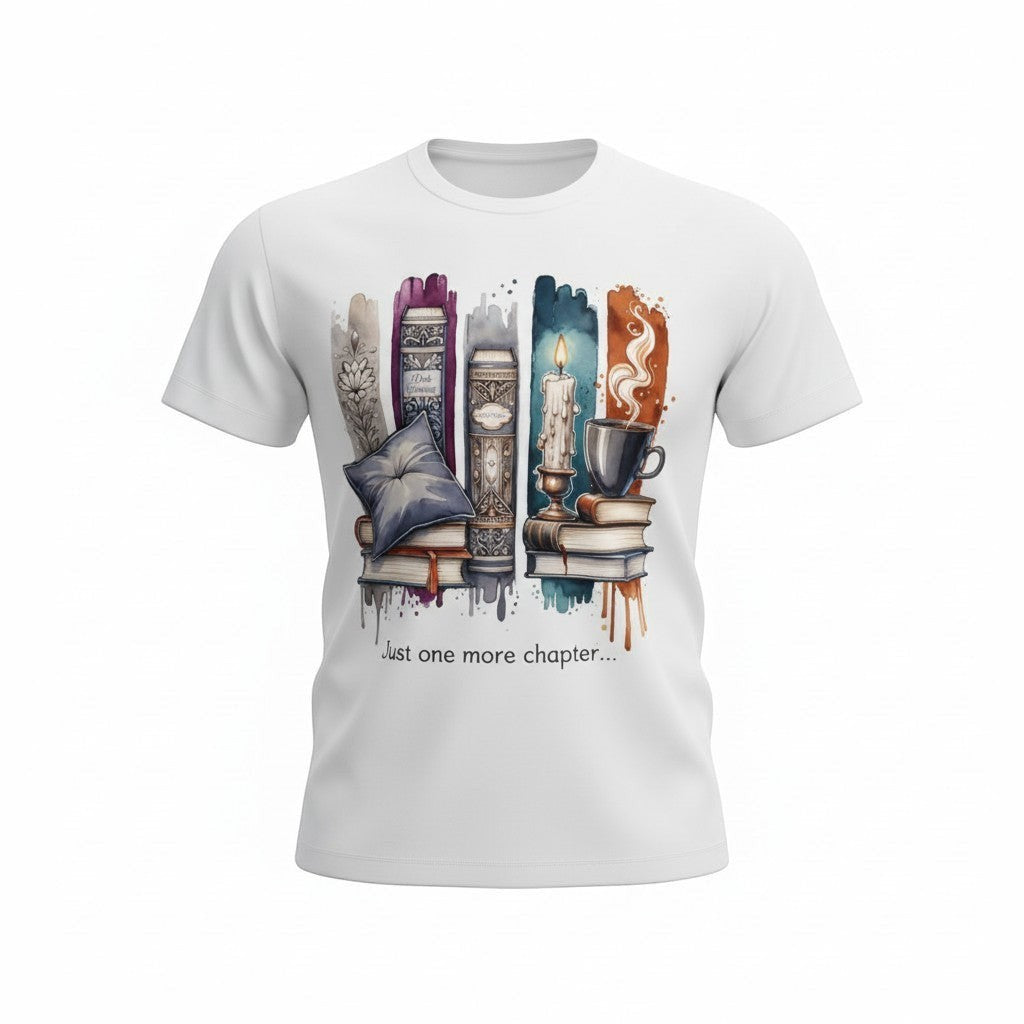 White t-shirt with book-themed design and 'Just one more chapter' text on a white background. A perfect book lover gift.
