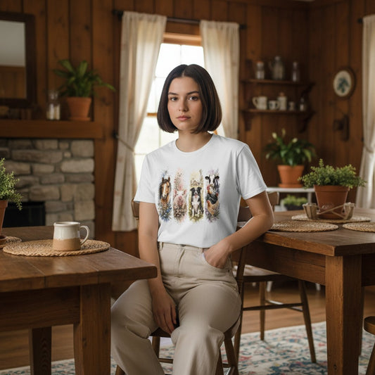 A woman with a short dark bob sits at a wooden table in a rustic wood-paneled room, wearing a white crewneck t-shirt with a colourful graphic of farm animals, paired with beige pants.