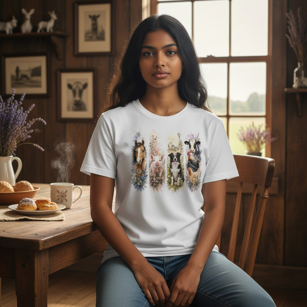 A woman sits in a rustic wooden room wearing a white crew-neck t-shirt with a colourful graphic of four different farm animals. The background features a wooden table with pastries, a mug, and framed cow-themed prints on the wall.