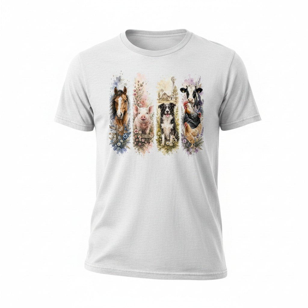 A white short-sleeve crewneck t-shirt featuring a colourful watercolour graphic of four farm animals (a horse, a cat, a dog, and a Cow) standing in vertical floral arrangements, displayed on a clean white background.
