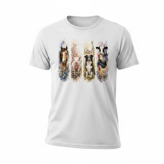 A white short-sleeve crewneck t-shirt featuring a colourful watercolour graphic of four farm animals (a horse, a cat, a dog, and a Cow) standing in vertical floral arrangements, displayed on a clean white background.