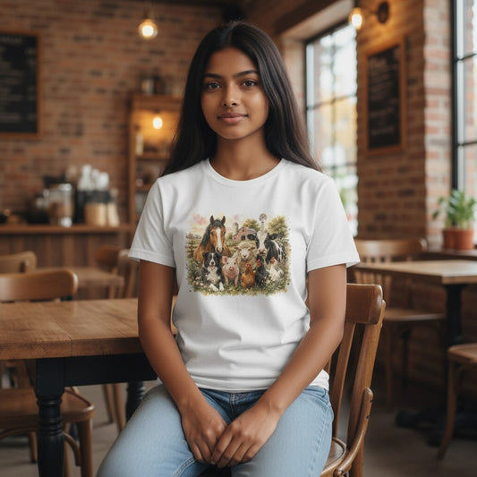 A woman sitting in a wooden chair inside a cozy, rustic cafe with brick walls and warm lighting, wearing a white crewneck t-shirt with a colorful graphic print of various farm animals.